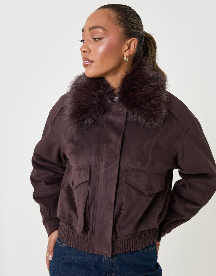 Threadbare Faux Suede Fur Collared Jacket in Chocolate Brown - zipped up