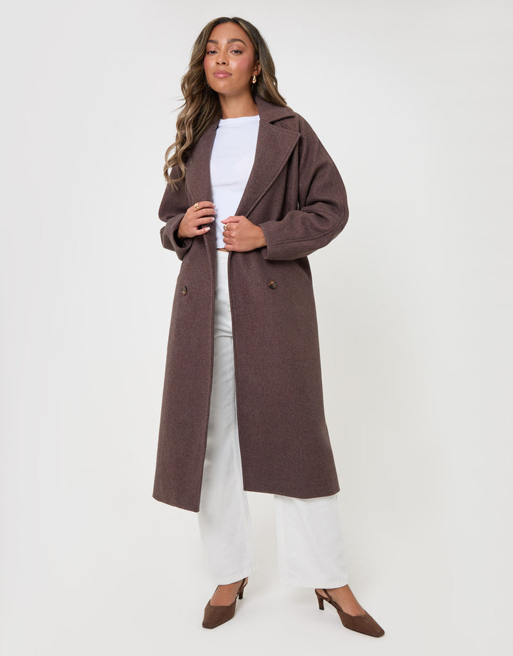 Threadbare Longline Cocoon Coat in Chocolate Brown - front view