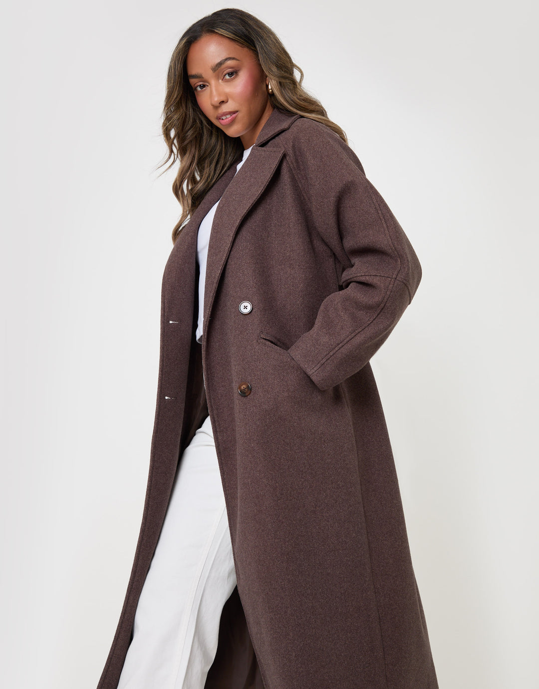 Threadbare Longline Cocoon Coat in Chocolate Brown - side view