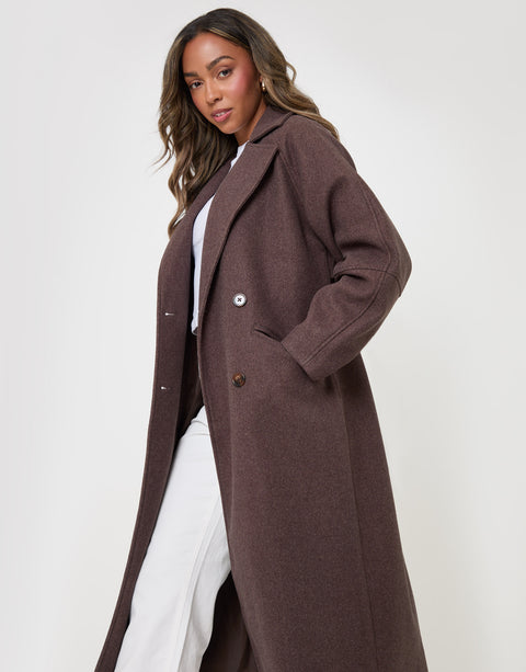 Threadbare Longline Cocoon Coat in Chocolate Brown - side view