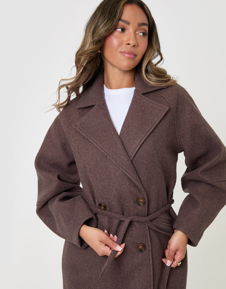 Threadbare Longline Cocoon Coat in Chocolate Brown - detail