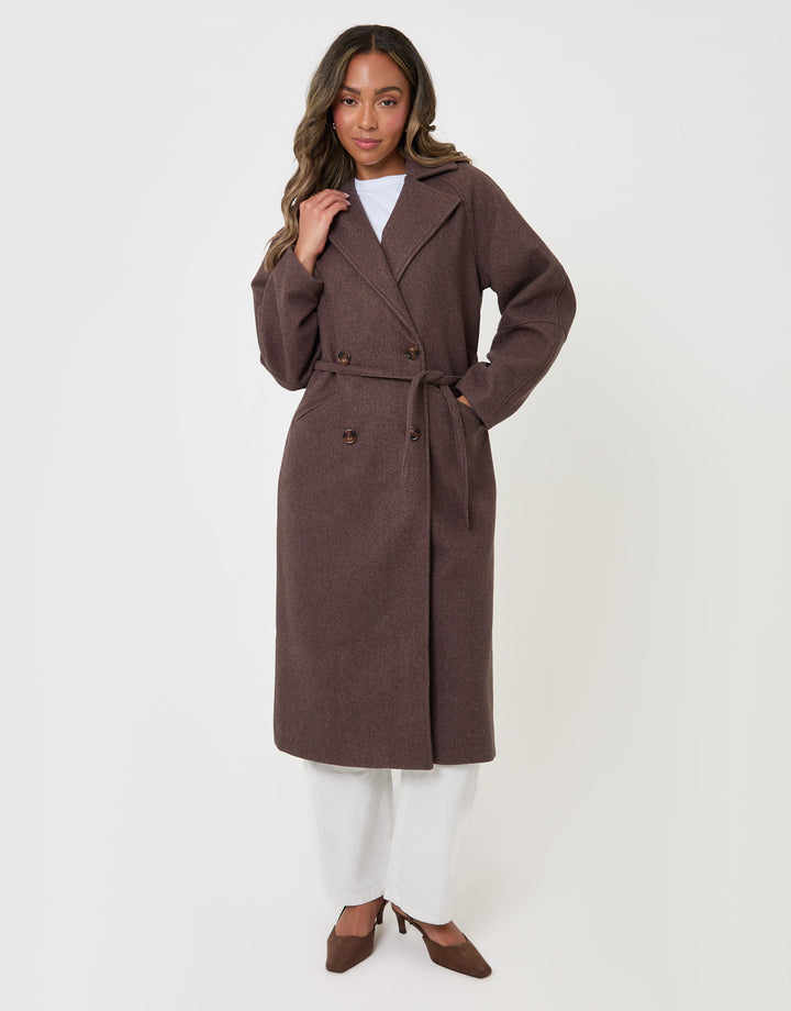 Threadbare Longline Cocoon Coat in Chocolate Brown - full body