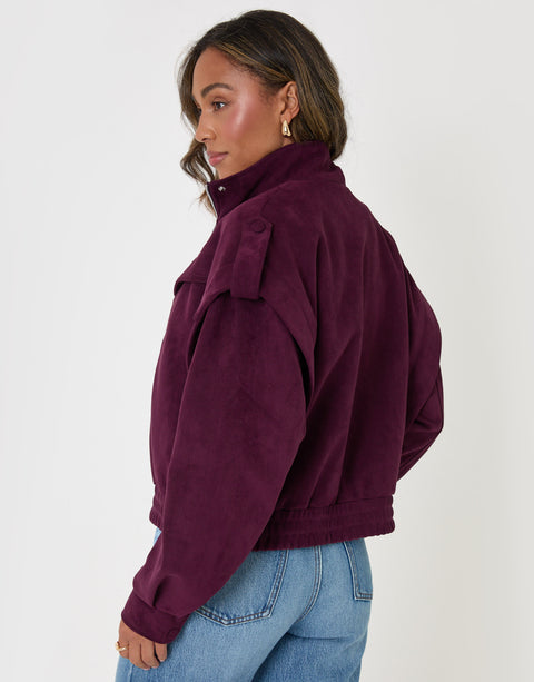 Threadbare Faux Suede Cape Shoulder Bomber Jacket in Plum - back view