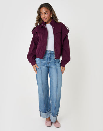 Threadbare Faux Suede Cape Shoulder Bomber Jacket in Plum - full body