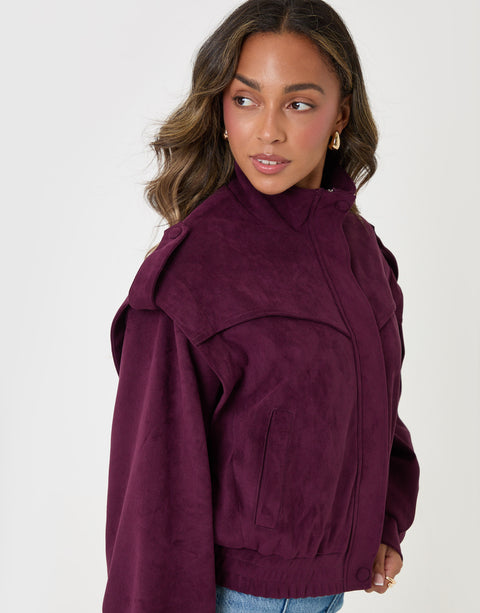 Threadbare Faux Suede Cape Shoulder Bomber Jacket in Plum - close up