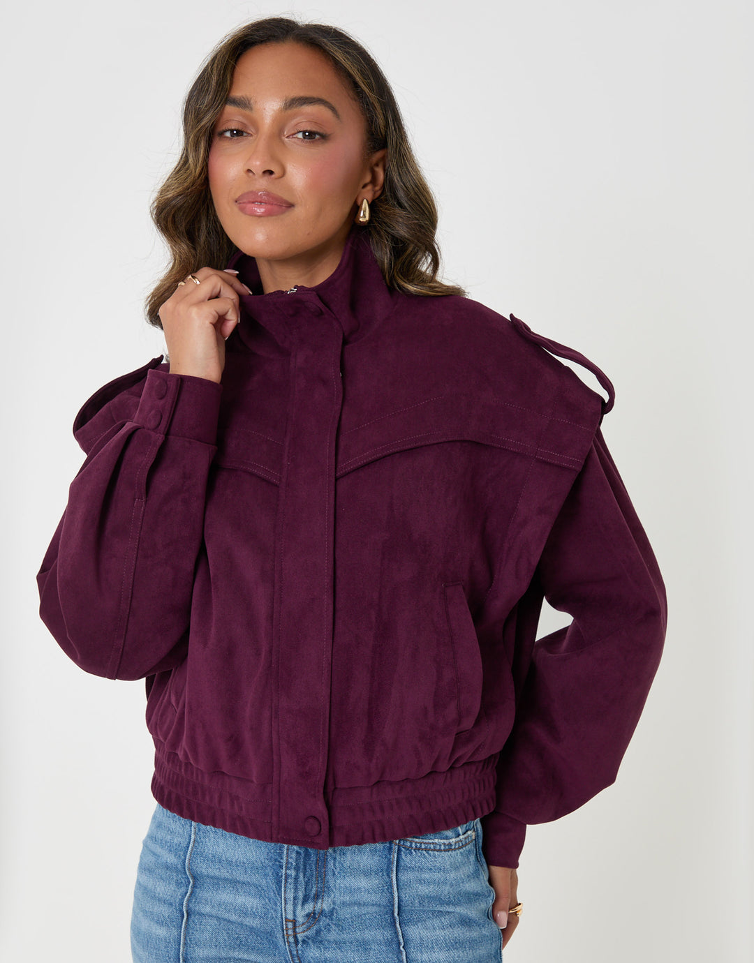 Threadbare Faux Suede Cape Shoulder Bomber Jacket in Plum - front view