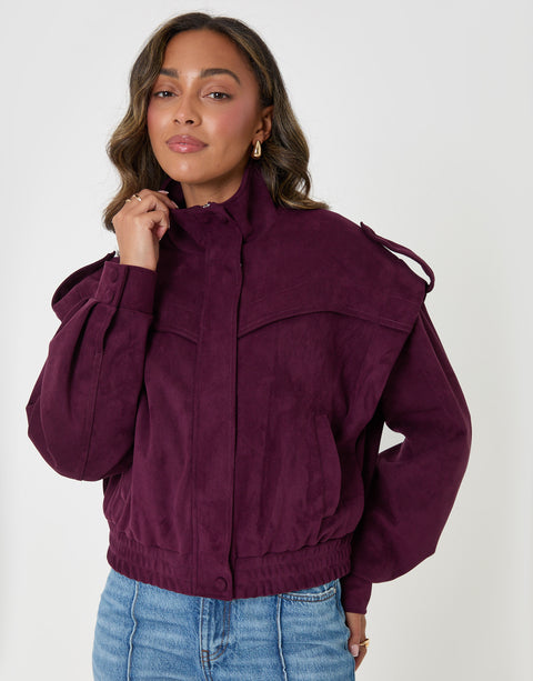 Threadbare Faux Suede Cape Shoulder Bomber Jacket in Plum - front view
