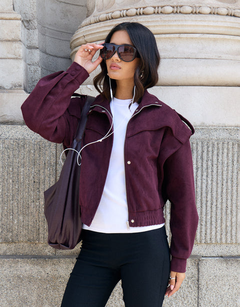 Threadbare Faux Suede Cape Shoulder Bomber Jacket in Plum - campaign shot