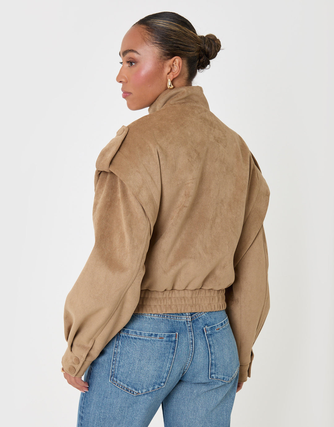 Threadbare Faux Suede Cape Shoulder Bomber Jacket in Tan - back view