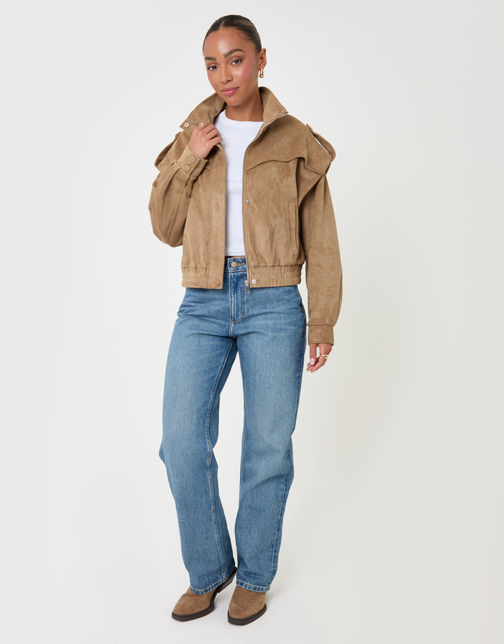Threadbare Faux Suede Cape Shoulder Bomber Jacket in Tan - full body