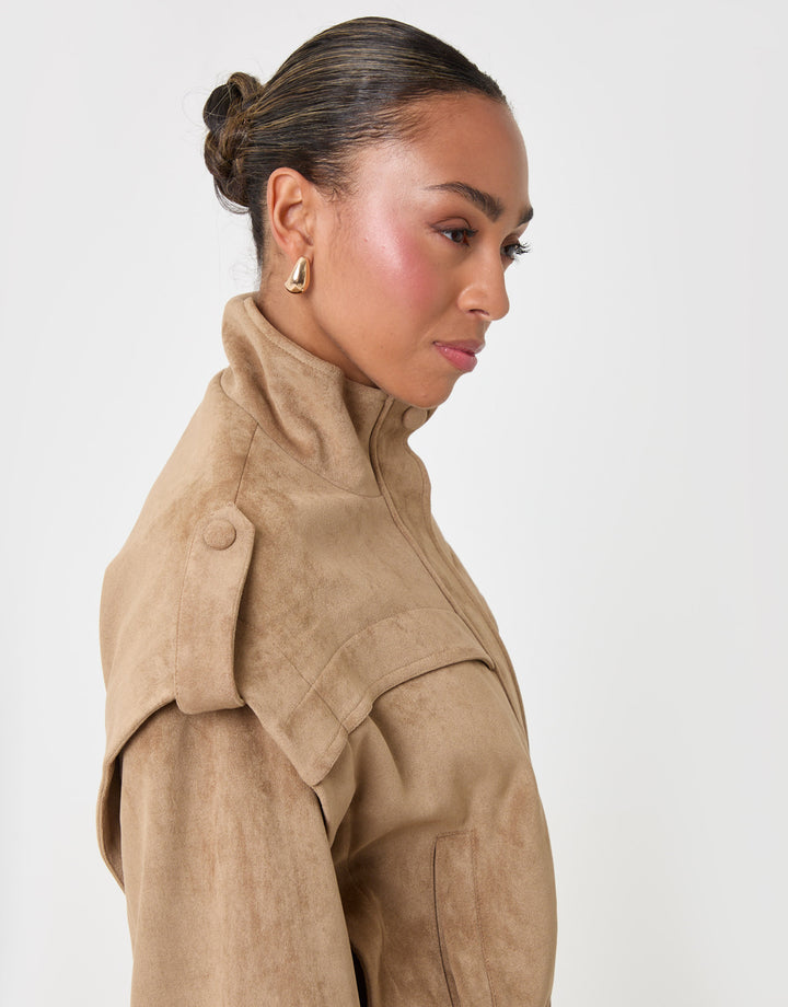 Threadbare Faux Suede Cape Shoulder Bomber Jacket in Tan - close up