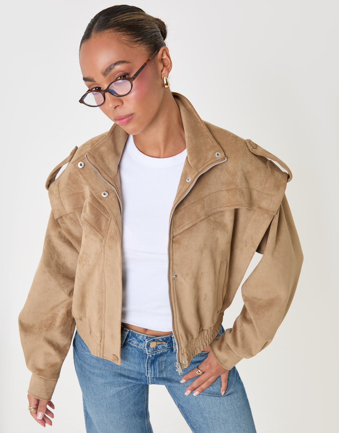 Threadbare Faux Suede Cape Shoulder Bomber Jacket in Tan - front view