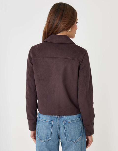 Threadbare Faux Suede Collared Jacket in Chocolate Brown - back view