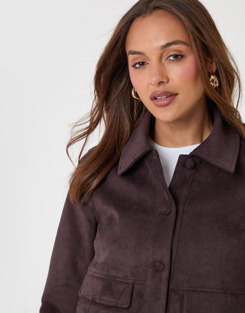 Threadbare Faux Suede Collared Jacket in Chocolate Brown - close up