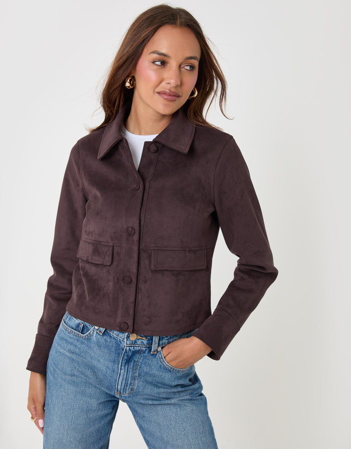 Threadbare Faux Suede Collared Jacket in Chocolate Brown - full body