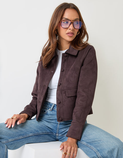 Threadbare Faux Suede Collared Jacket in Chocolate Brown - sat down