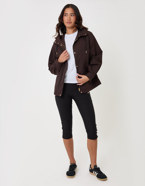 Threadbare Showerproof Hooded Mac in Chocolate Brown - full body