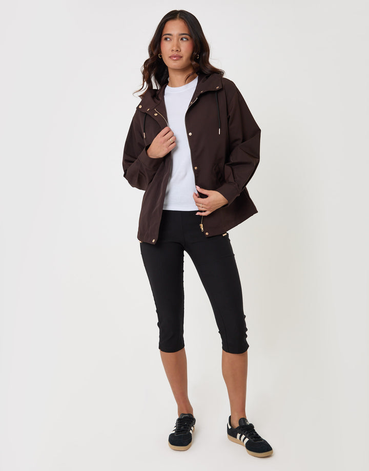 Threadbare Showerproof Hooded Mac in Chocolate Brown - full body