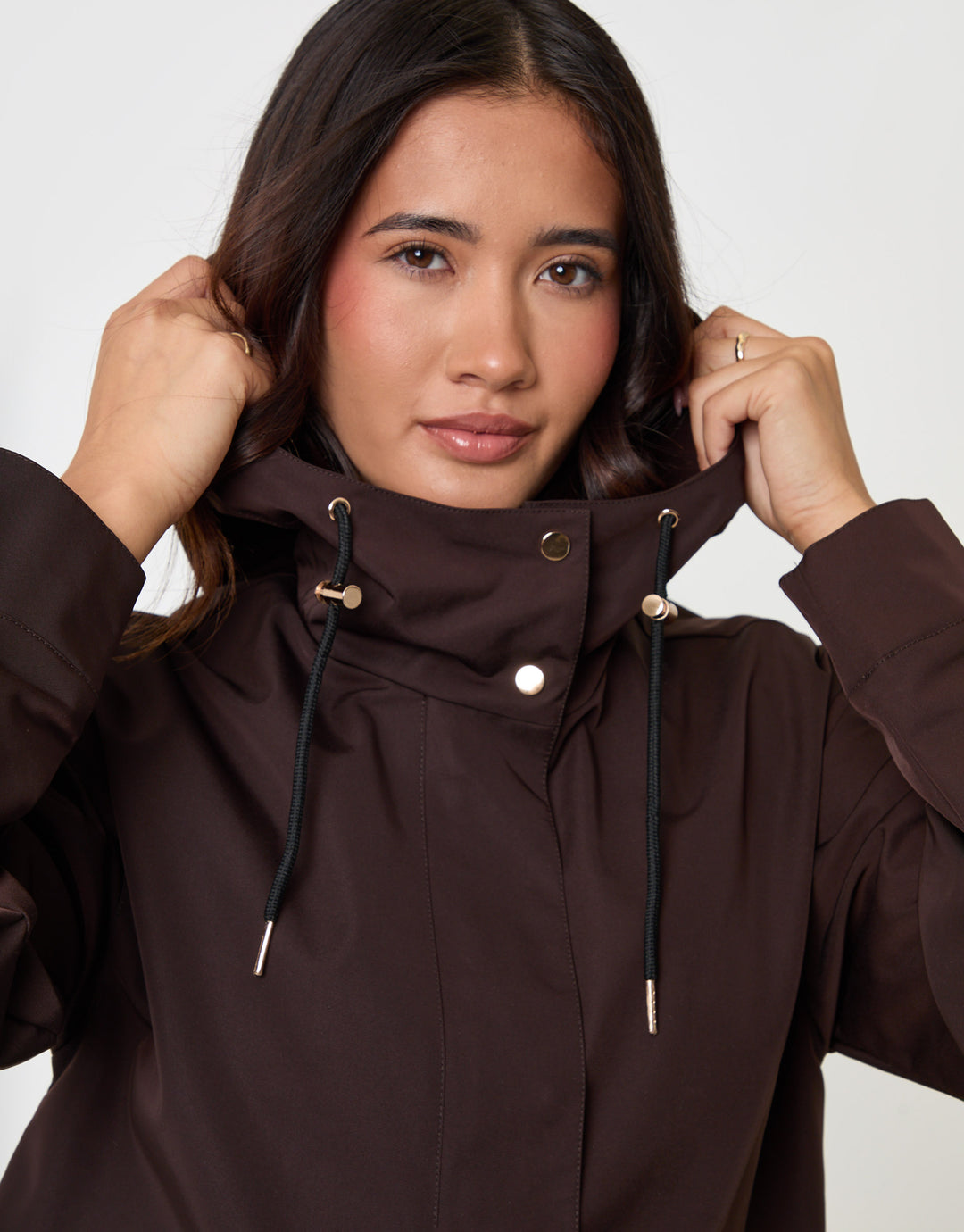 Threadbare Showerproof Hooded Mac in Chocolate Brown - close up
