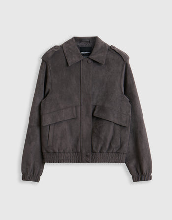 Threadbare Faux Suede Collared Bomber Jacket in Charcoal Grey - mannequin image
