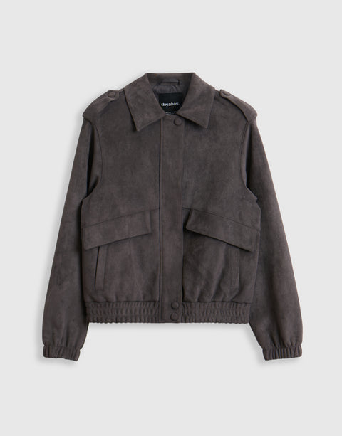 Threadbare Faux Suede Collared Bomber Jacket in Charcoal Grey - mannequin image