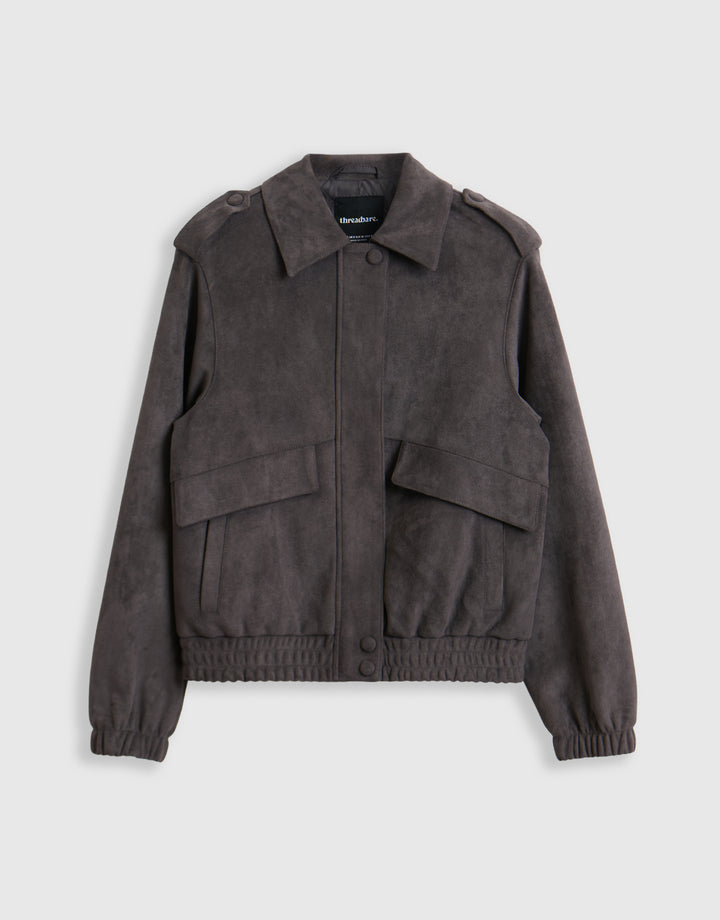 Threadbare Faux Suede Collared Bomber Jacket in Charcoal Grey - mannequin image