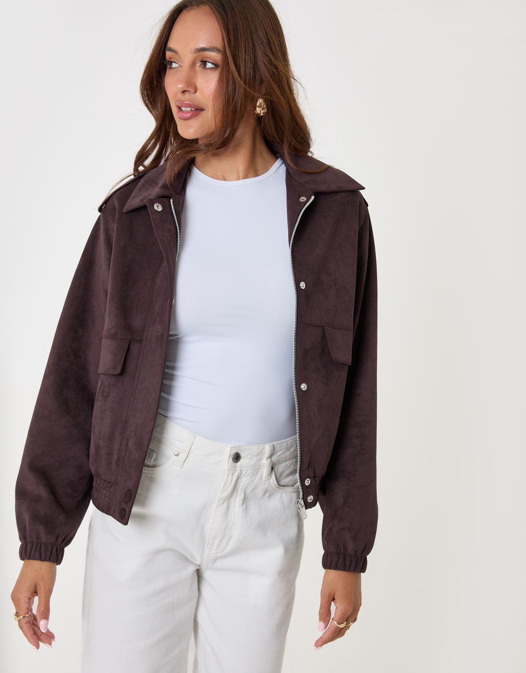 Threadbare Faux Suede Collared Bomber Jacket in Chocolate Brown - front view