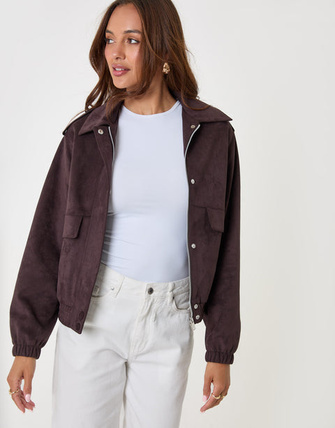 Threadbare Faux Suede Collared Bomber Jacket in Chocolate Brown - front view
