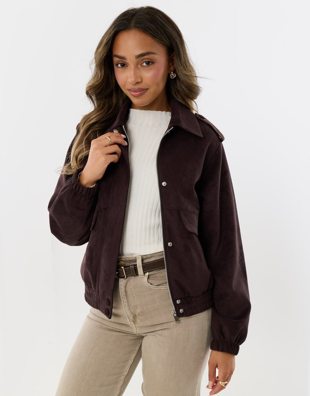 Faux Suede Collared Bomber Jacket in Chocolate Brown
