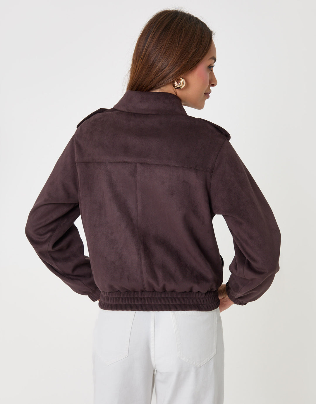 Threadbare Faux Suede Collared Bomber Jacket in Chocolate Brown - back view
