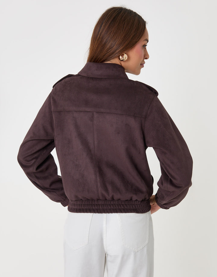 Threadbare Faux Suede Collared Bomber Jacket in Chocolate Brown - back view