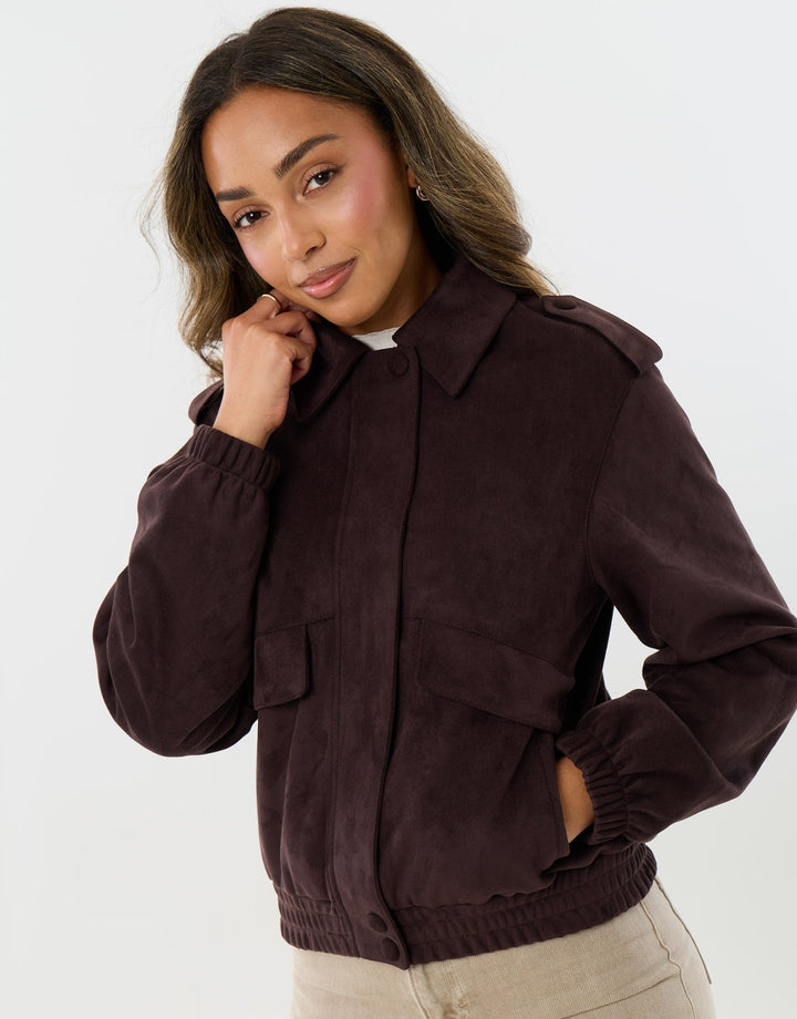 Faux Suede Collared Bomber Jacket in Chocolate Brown