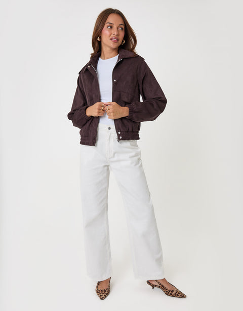 Threadbare Faux Suede Collared Bomber Jacket in Chocolate Brown - full body