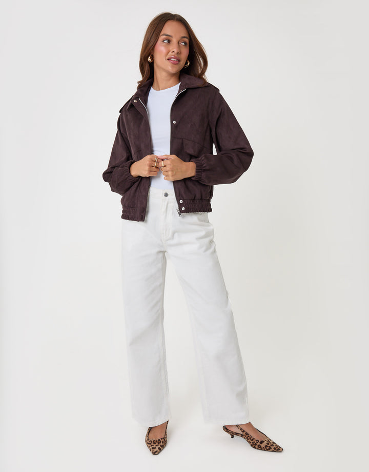 Threadbare Faux Suede Collared Bomber Jacket in Chocolate Brown - full body