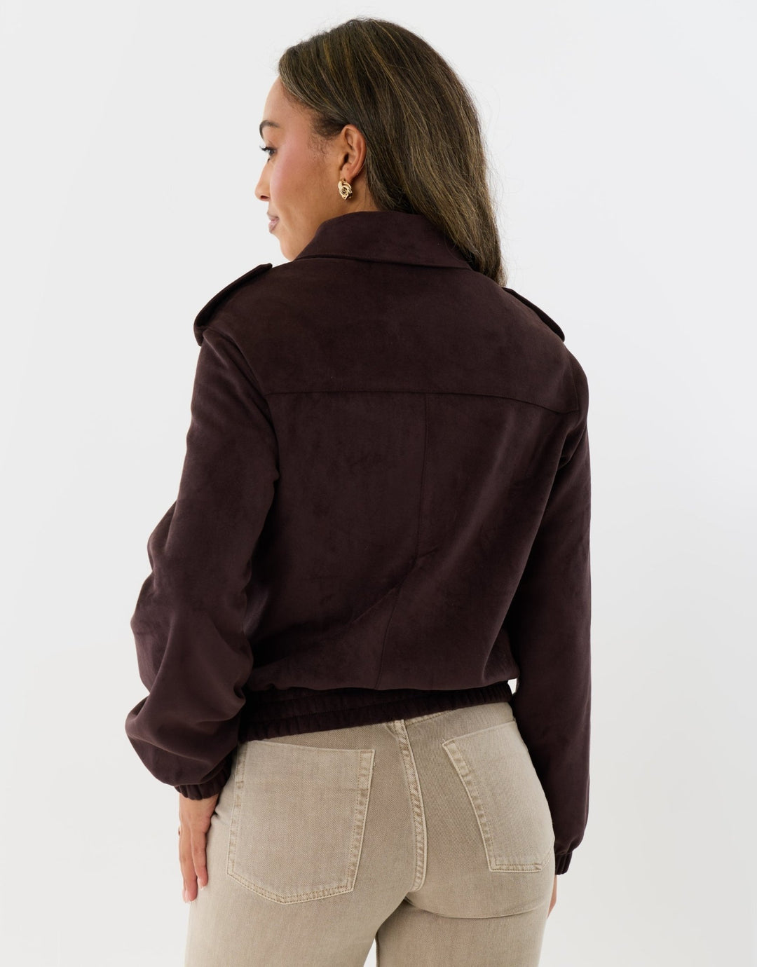 Faux Suede Collared Bomber Jacket in Chocolate Brown