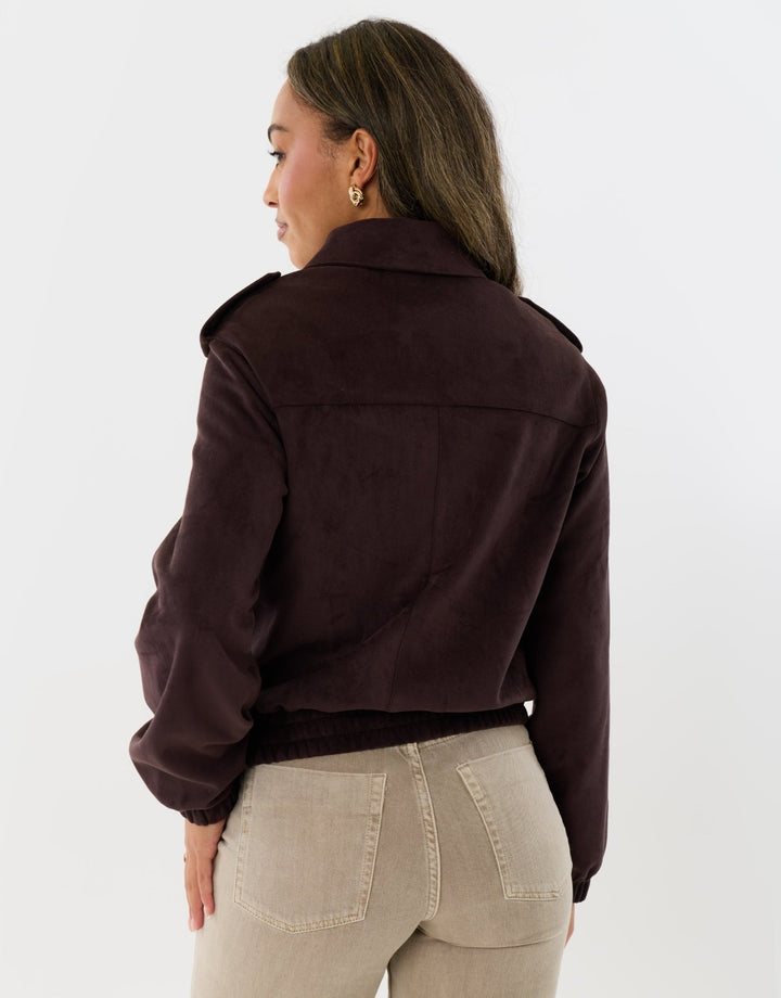Faux Suede Collared Bomber Jacket in Chocolate Brown
