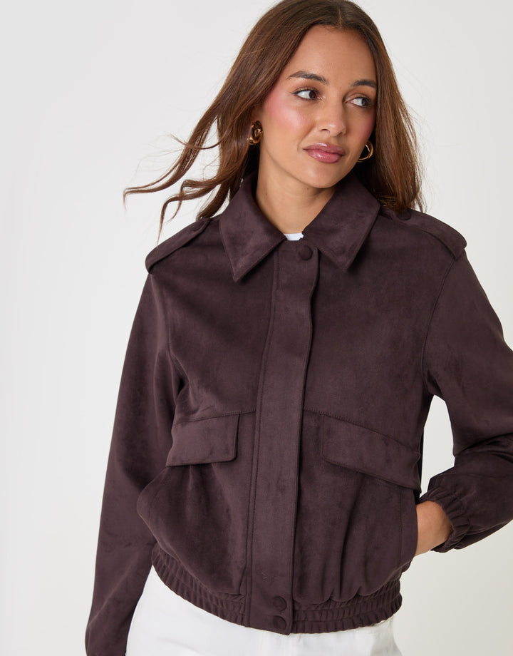 Threadbare Faux Suede Collared Bomber Jacket in Chocolate Brown - close up