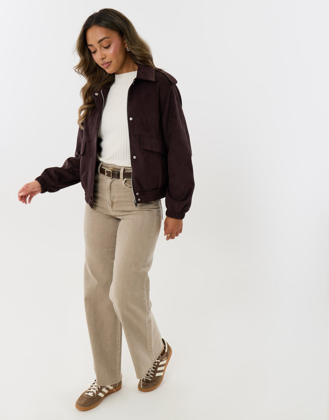 Faux Suede Collared Bomber Jacket in Chocolate Brown
