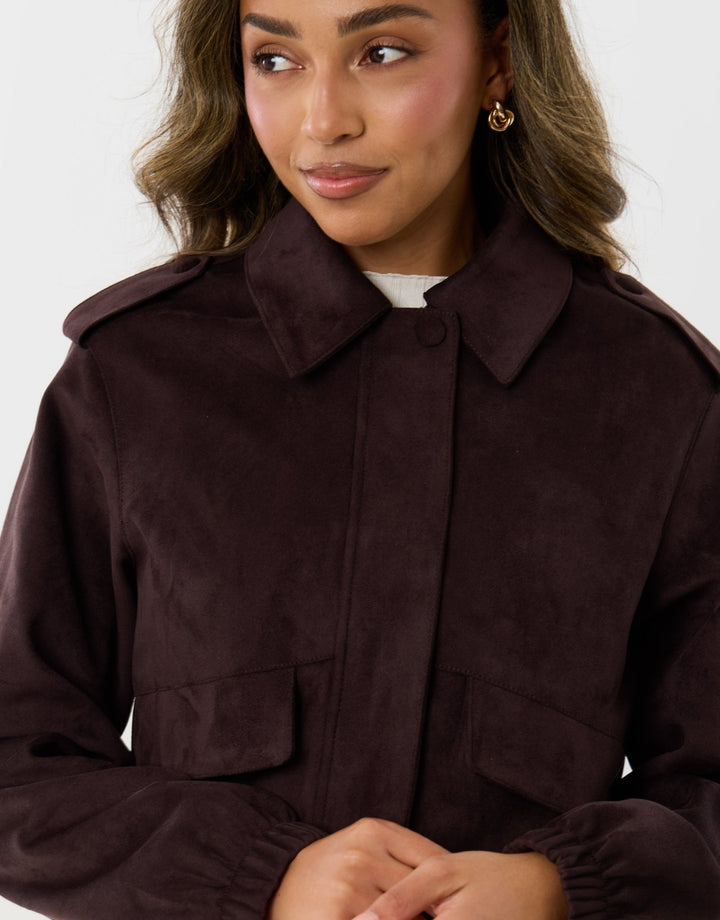 Faux Suede Collared Bomber Jacket in Chocolate Brown