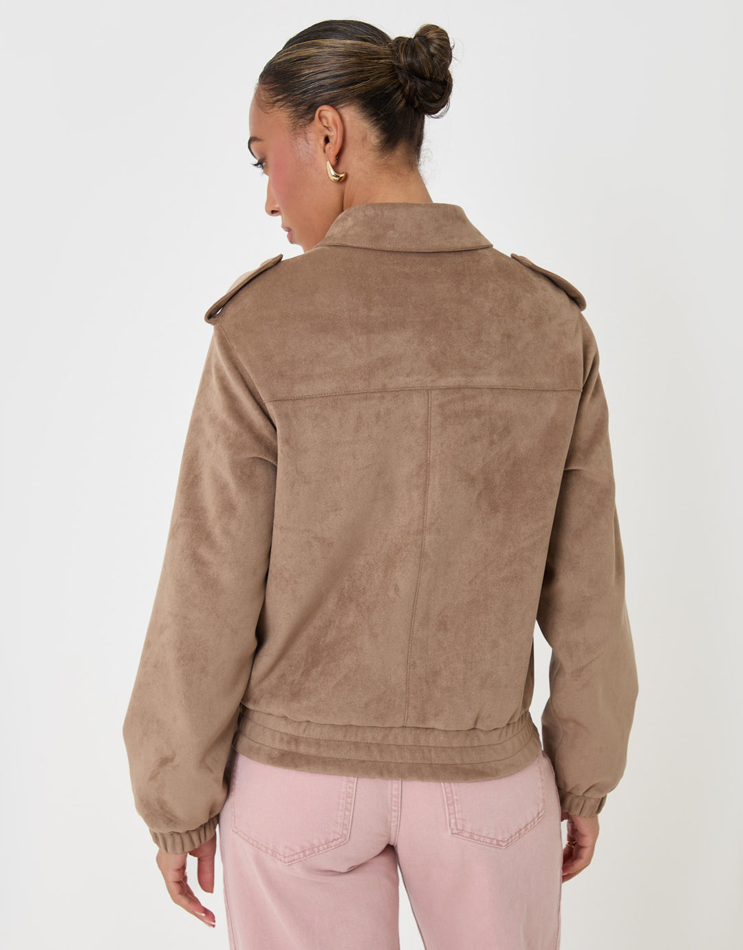 Threadbare Faux Suede Collared Bomber Jacket in Tan - back view