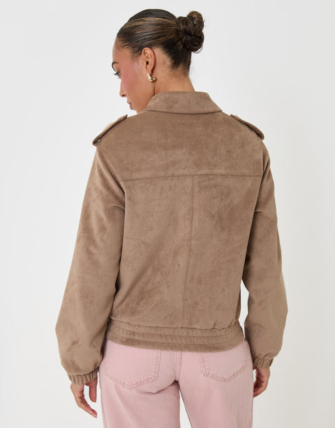 Threadbare Faux Suede Collared Bomber Jacket in Tan - back view