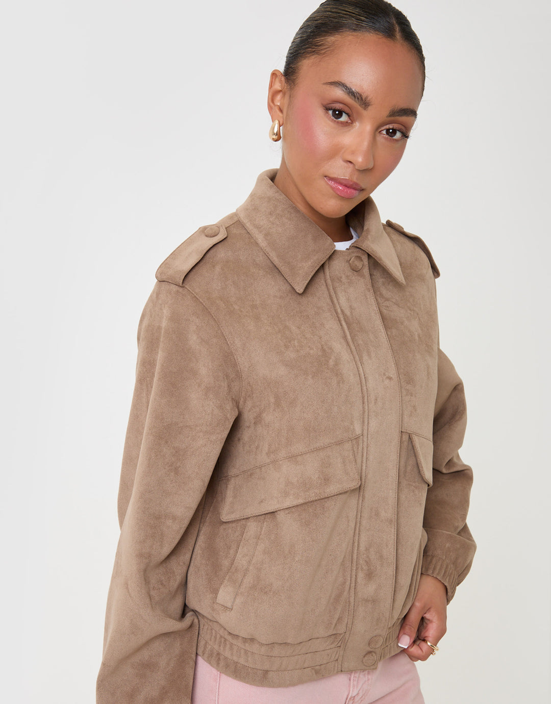 Threadbare Faux Suede Collared Bomber Jacket in Tan - front view