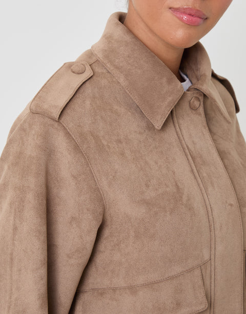 Threadbare Faux Suede Collared Bomber Jacket in Tan - close up