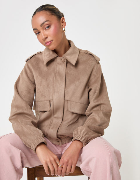 Threadbare Faux Suede Collared Bomber Jacket in Tan - sat down