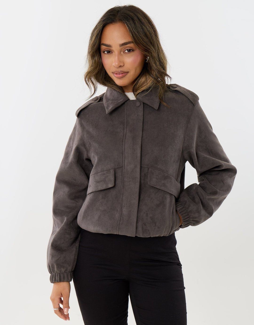 Faux Suede Collared Bomber Jacket in Charcoal Grey