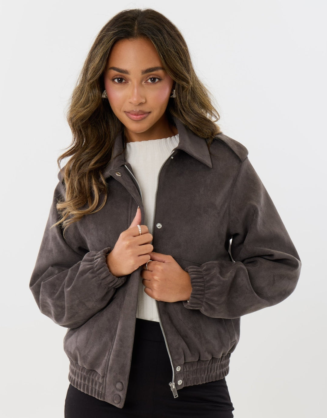 Faux Suede Collared Bomber Jacket in Charcoal Grey