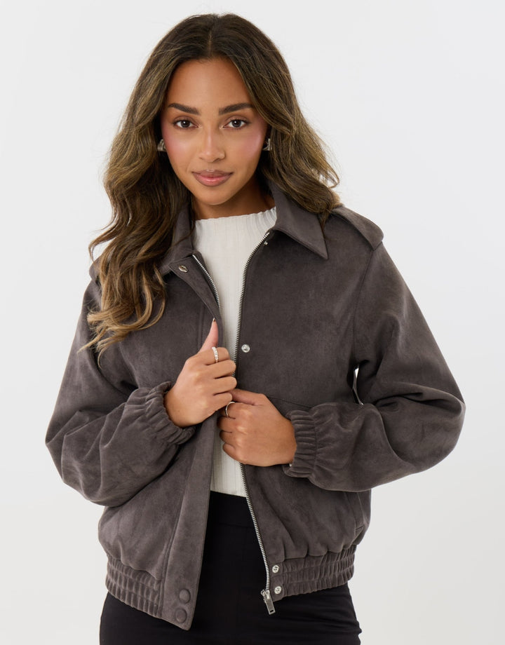 Faux Suede Collared Bomber Jacket in Charcoal Grey