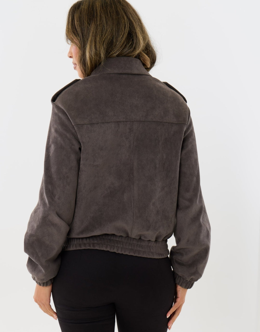 Faux Suede Collared Bomber Jacket in Charcoal Grey