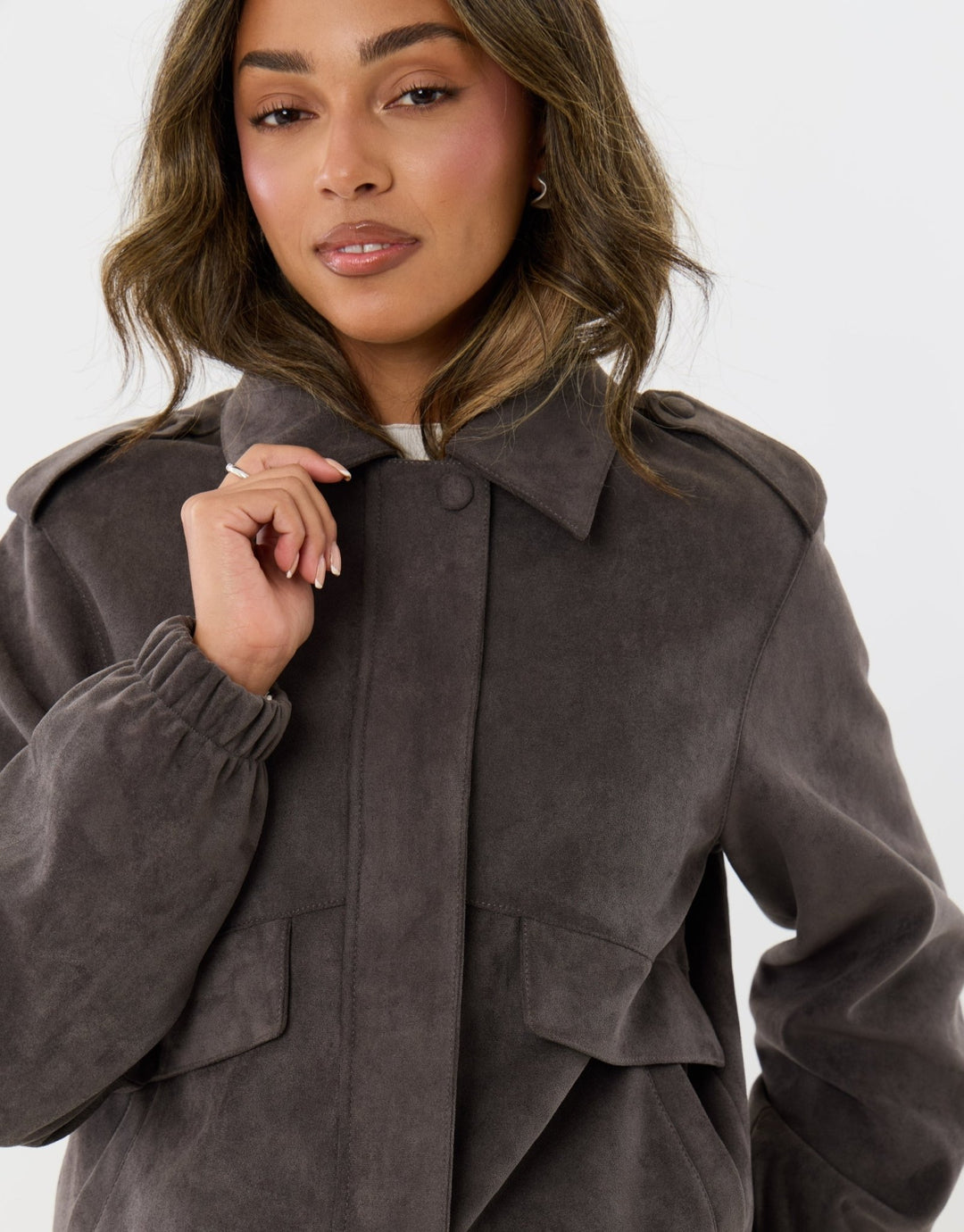 Faux Suede Collared Bomber Jacket in Charcoal Grey