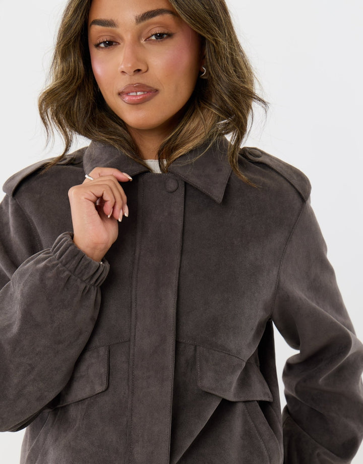 Faux Suede Collared Bomber Jacket in Charcoal Grey